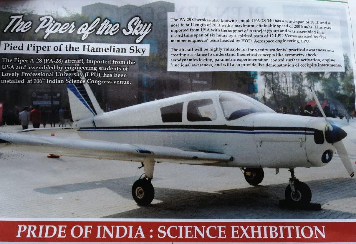 Piper PA-28 aircraft project, featured in press at the 106th Indian Science Congress